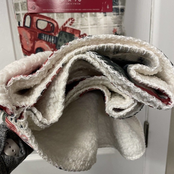 RED TRUCKS Plaid 50x70 Throw Blanket Christmas Tree by Dream Home Sherpa Back - Picture 9 of 10